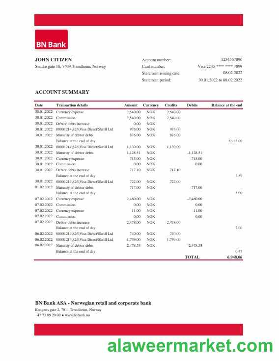 Norway BN Bank statement Excel and PDF template
